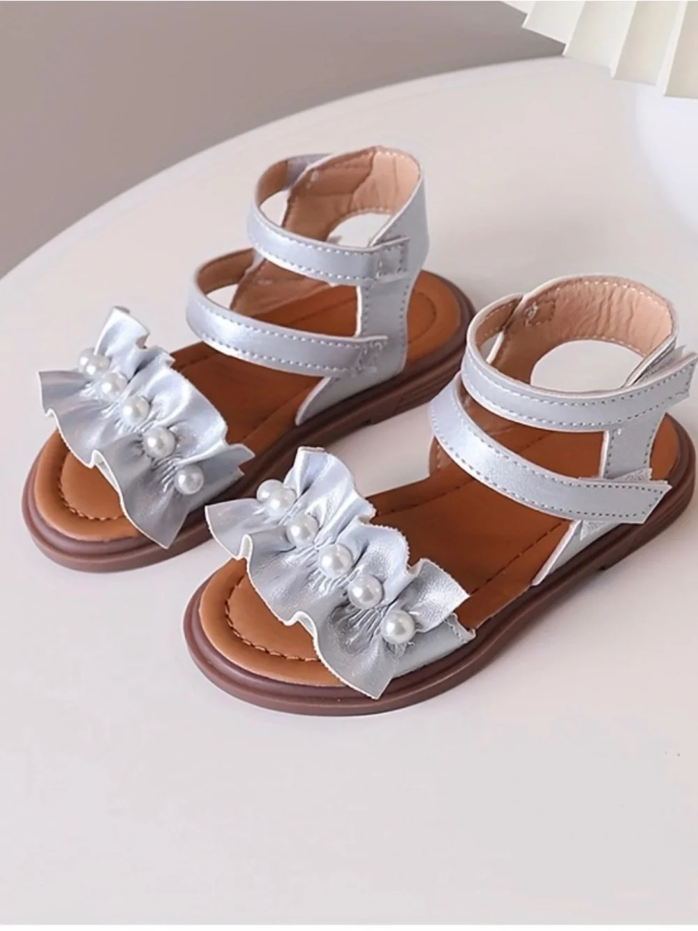 Girls Silver Pearl Ruffle Sandals - Kids